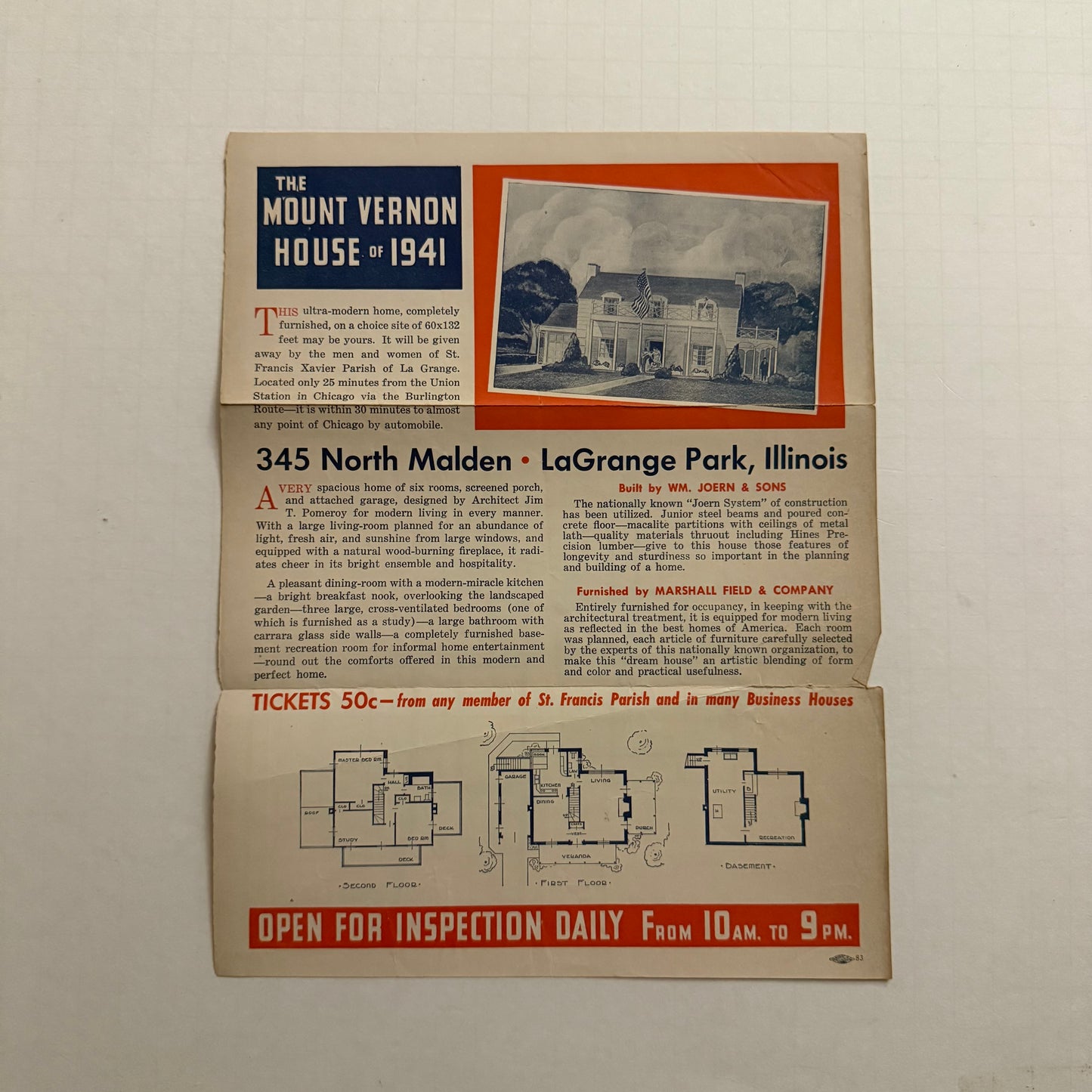 1950s Real Estate Raffle Flyer — St. Francis Xavier Parish “Mount Vernon House,” La Grange Park IL