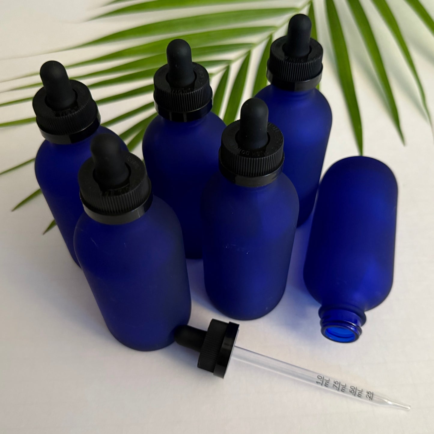 4 oz. Frosted Cobalt Blue Boston Round Glass Dropper Bottles