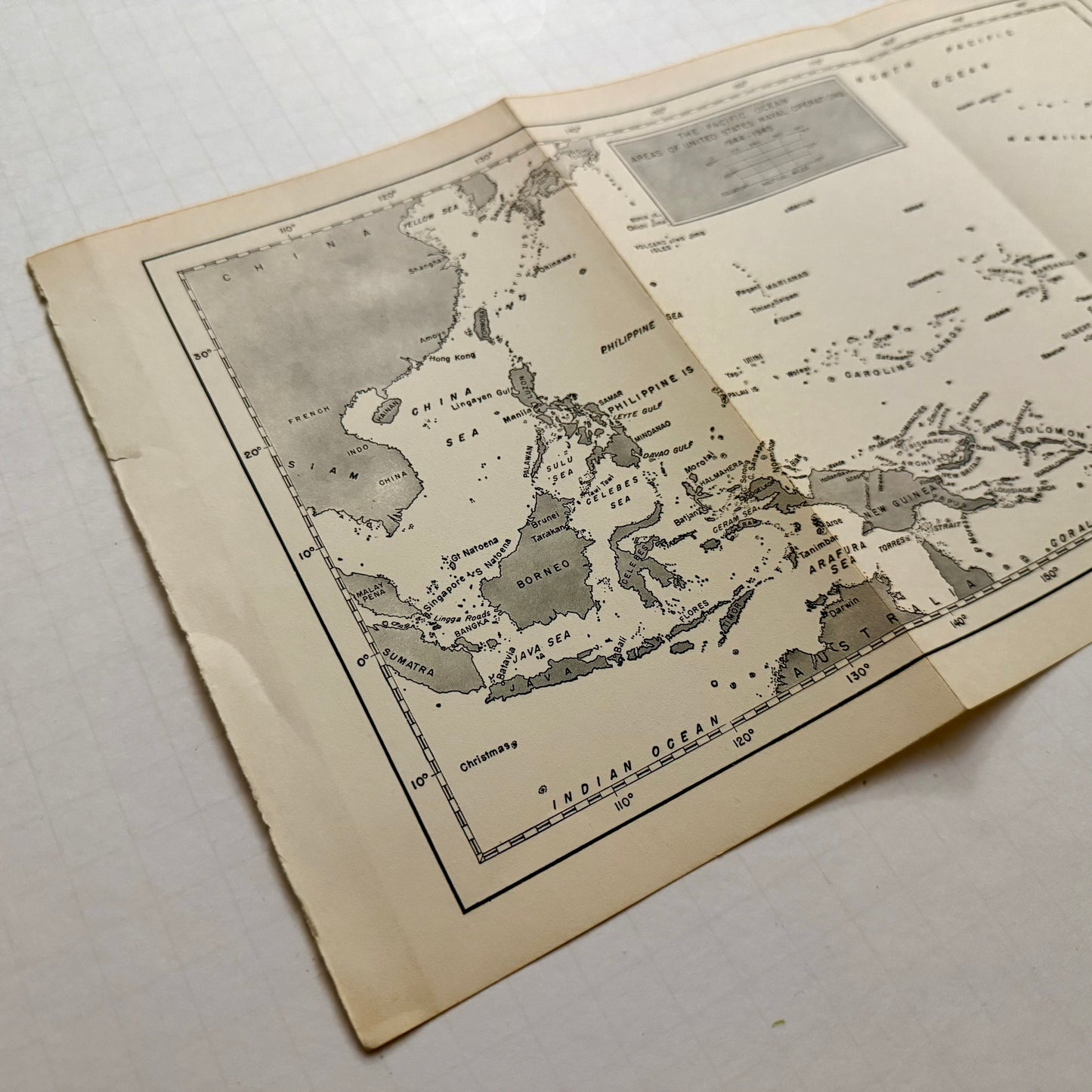 1940s Pacific Naval Operations Map — Original WWII-Era Fold-Out Print