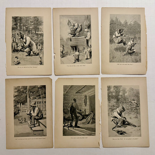 Set of 6 Antique “Uncle Remus” Book Illustrations — Br’er Rabbit, Br’er Fox & Br’er Bear (A.B. Frost, c.1900)