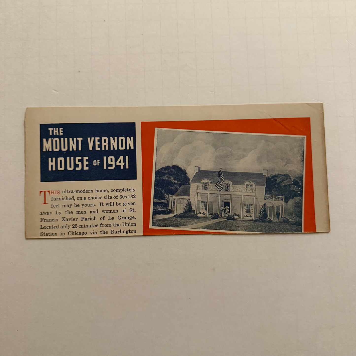 1950s Real Estate Raffle Flyer — St. Francis Xavier Parish “Mount Vernon House,” La Grange Park IL