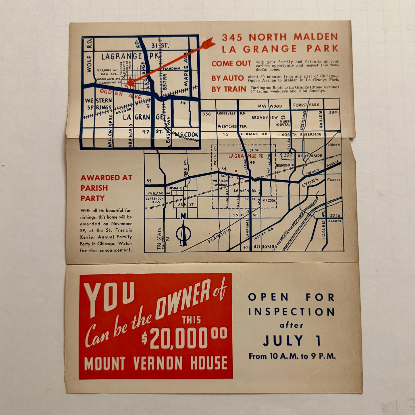 1950s Real Estate Raffle Flyer — St. Francis Xavier Parish “Mount Vernon House,” La Grange Park IL