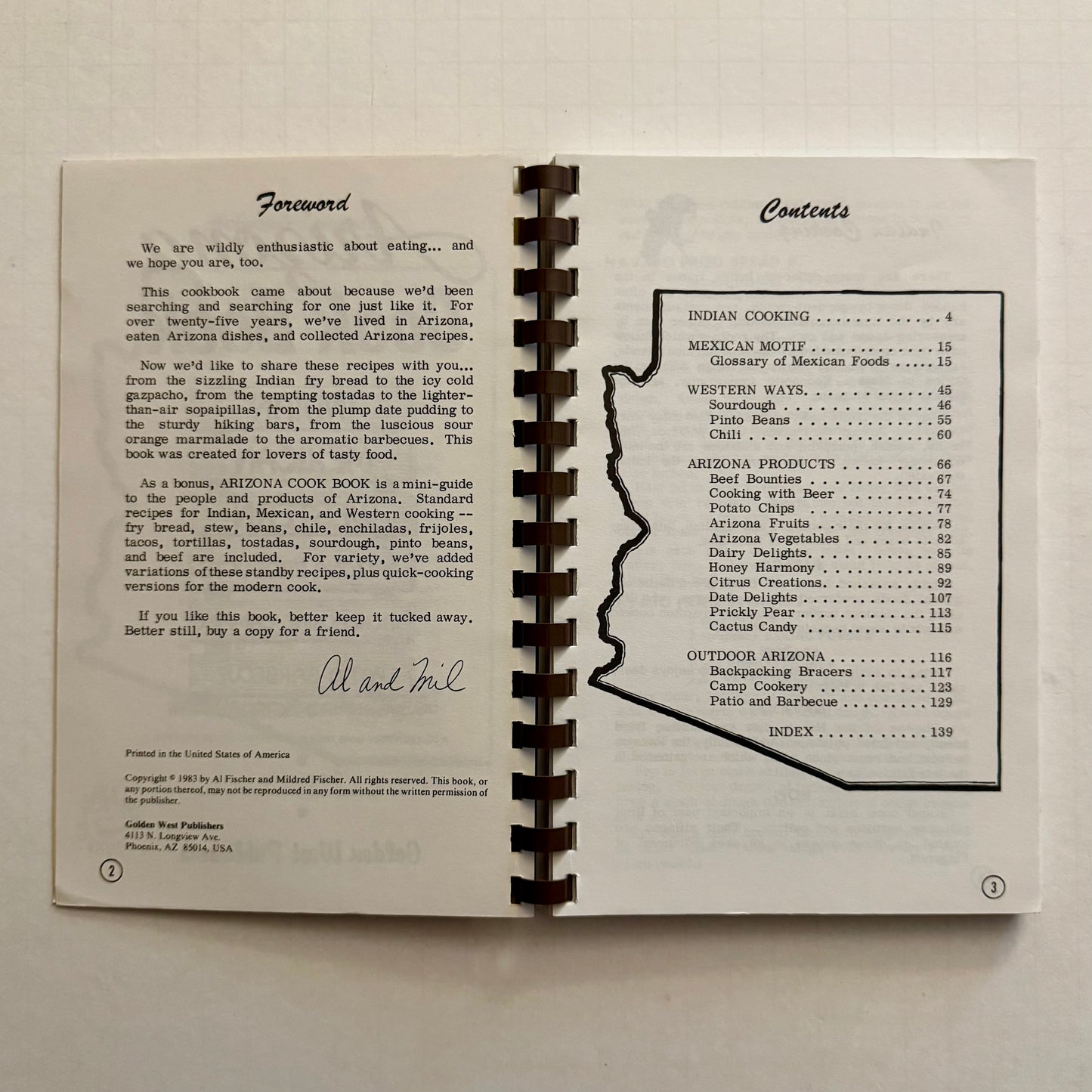 Arizona Cook Book : Indian, Mexican, Western, Arizona Products, Backpacking‑Camping, Patio‑Barbecue” – spiral-bound regional cookbook