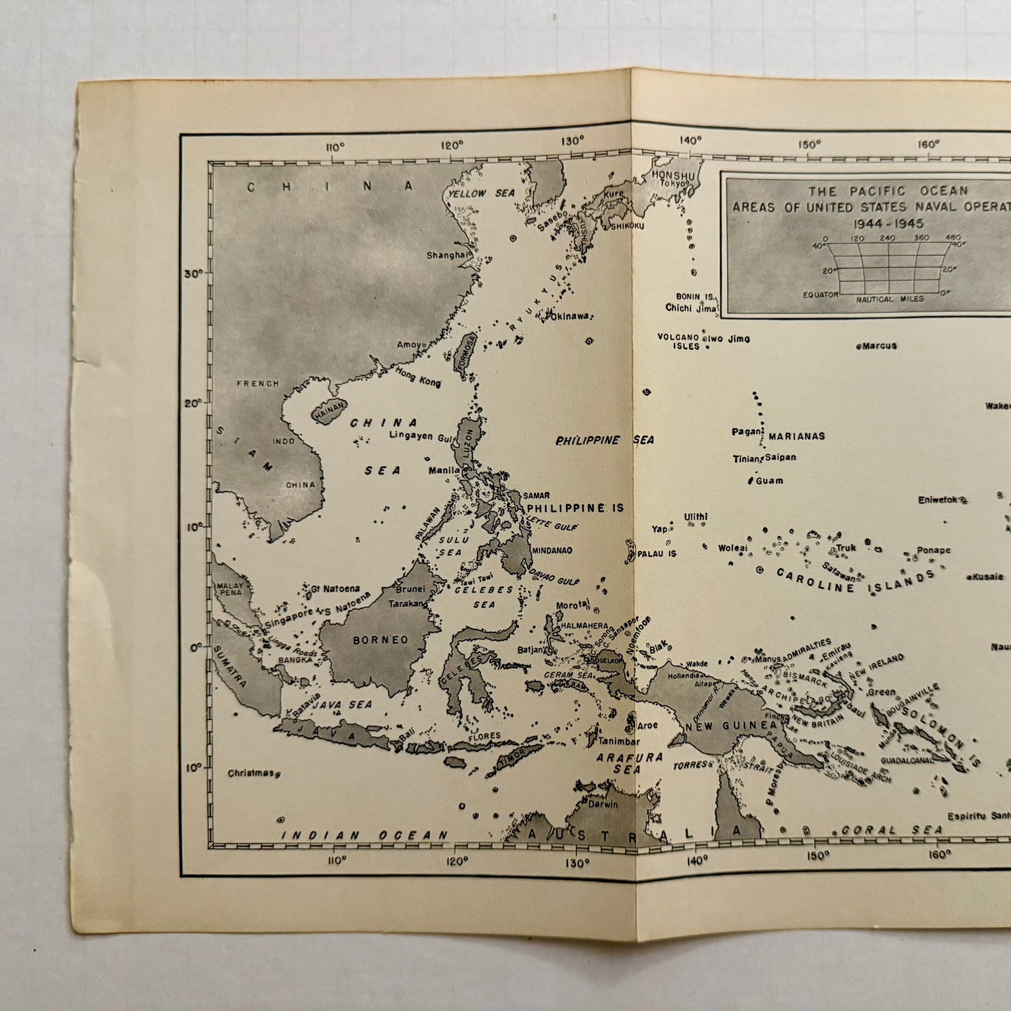 1940s Pacific Naval Operations Map — Original WWII-Era Fold-Out Print