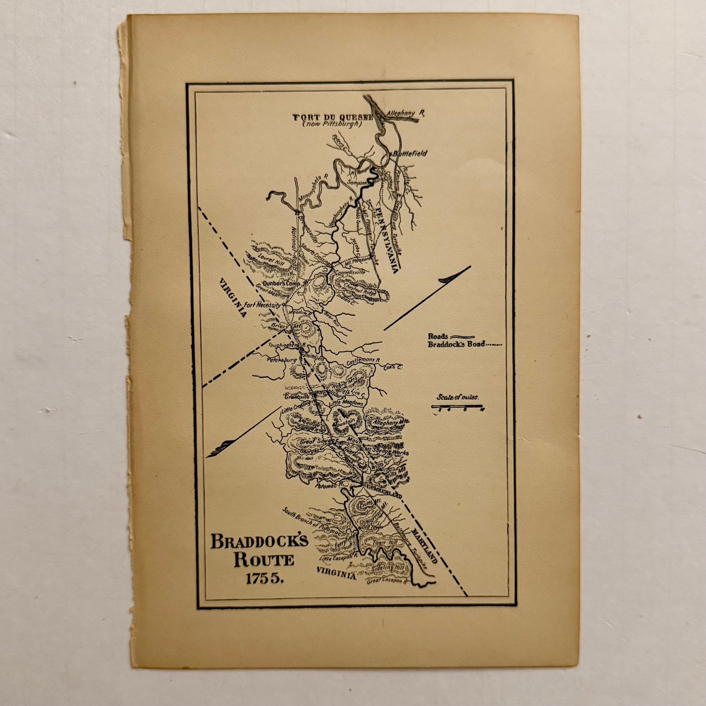 Braddock’s Route 1755 — Vintage Historical Map Page | Fort Duquesne to Virginia