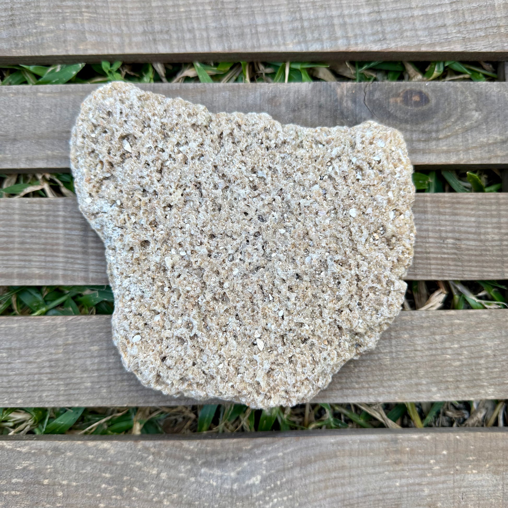 Heart-shaped stone on a wooden surface with grass in the background
