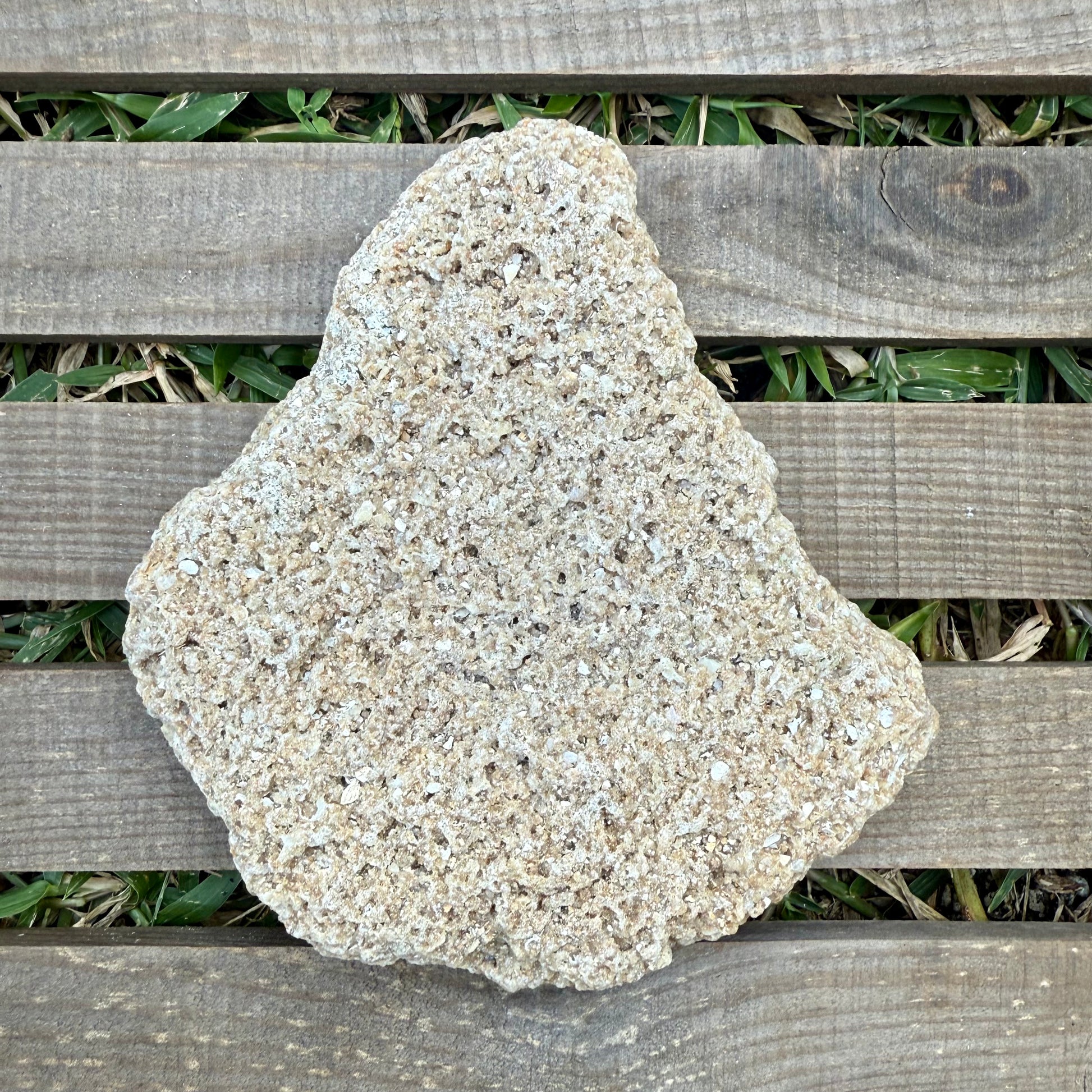 Large beige stone on a wooden surface with grass in the background