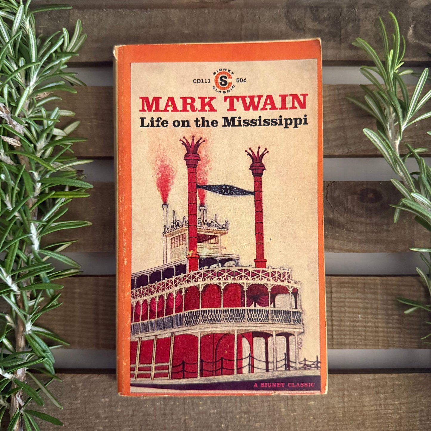 Book cover of 'Life on the Mississippi' by Mark Twain against a wooden background with plants.