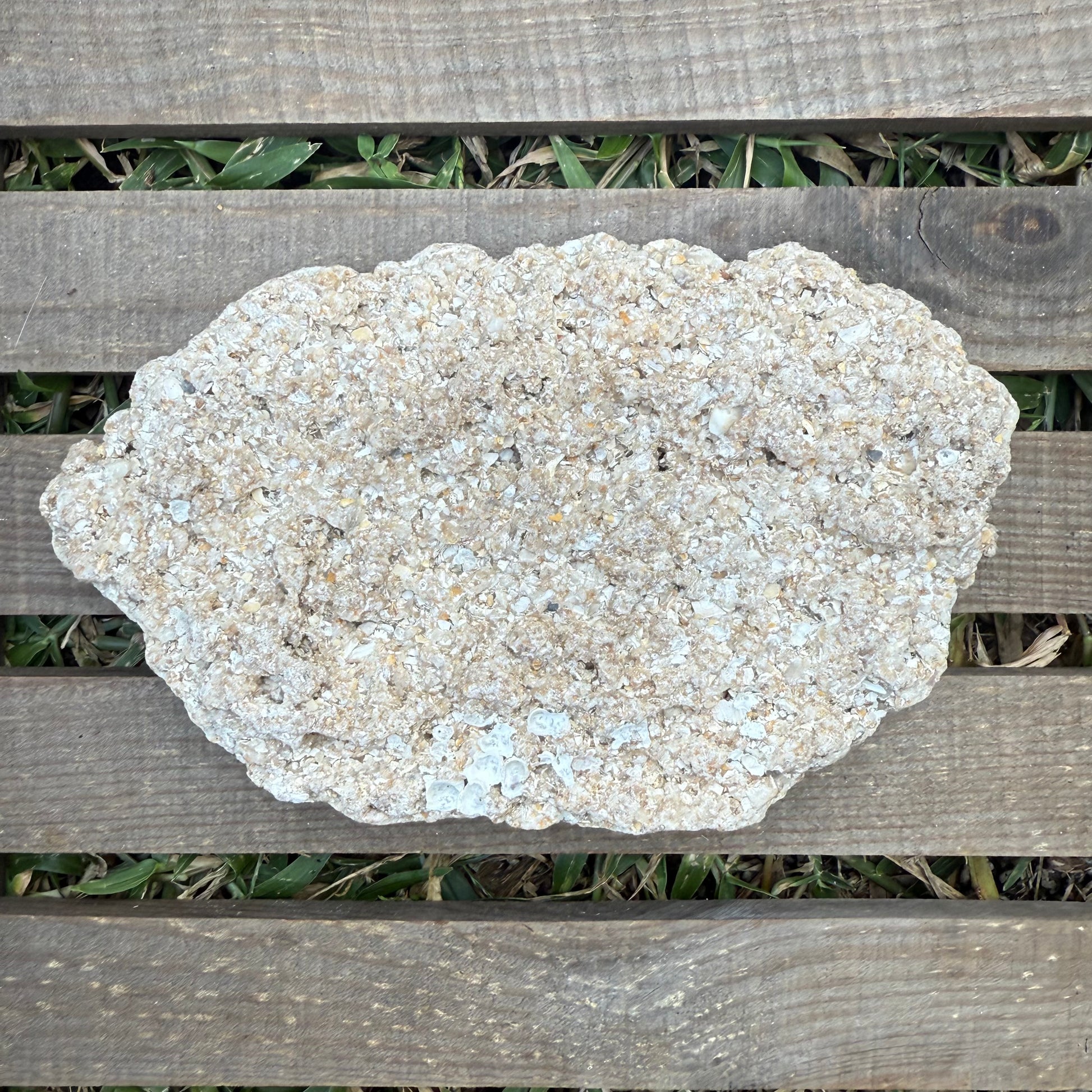 Large stone on a wooden surface with grass in the background