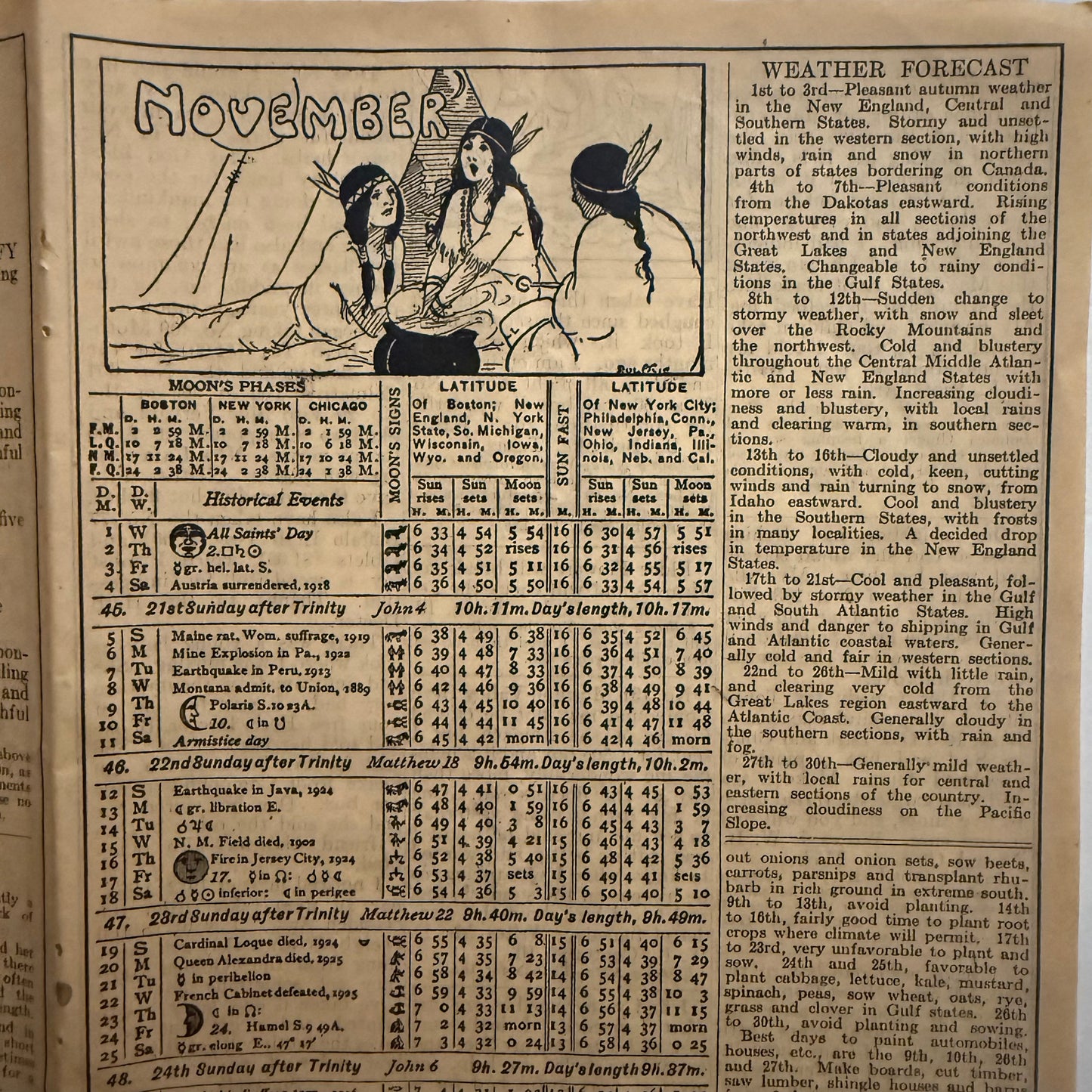 1933 Herbalist Almanac November Pages — Vintage Herbal Remedies, Moon Chart & Folk Medicine Ephemera