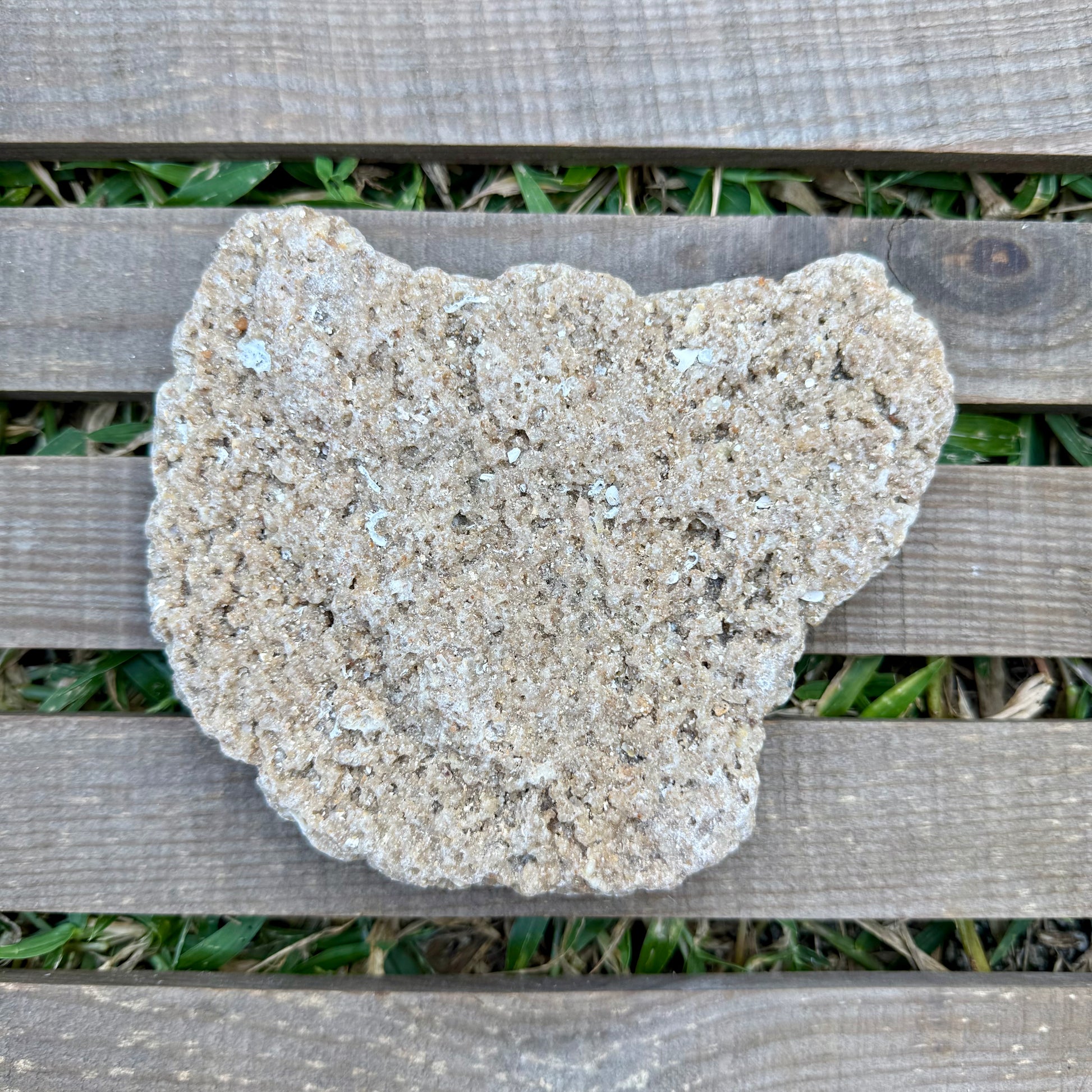 Heart-shaped stone on a wooden surface with grass in the background