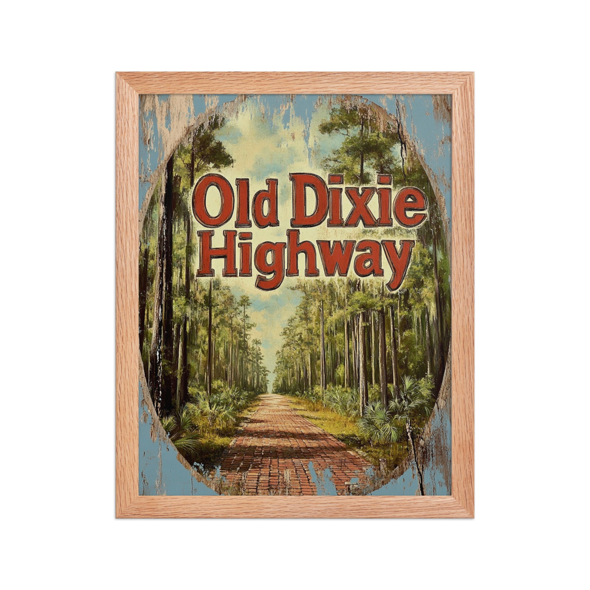 Framed artwork with 'Old Dixie Highway' text and a forest scene.