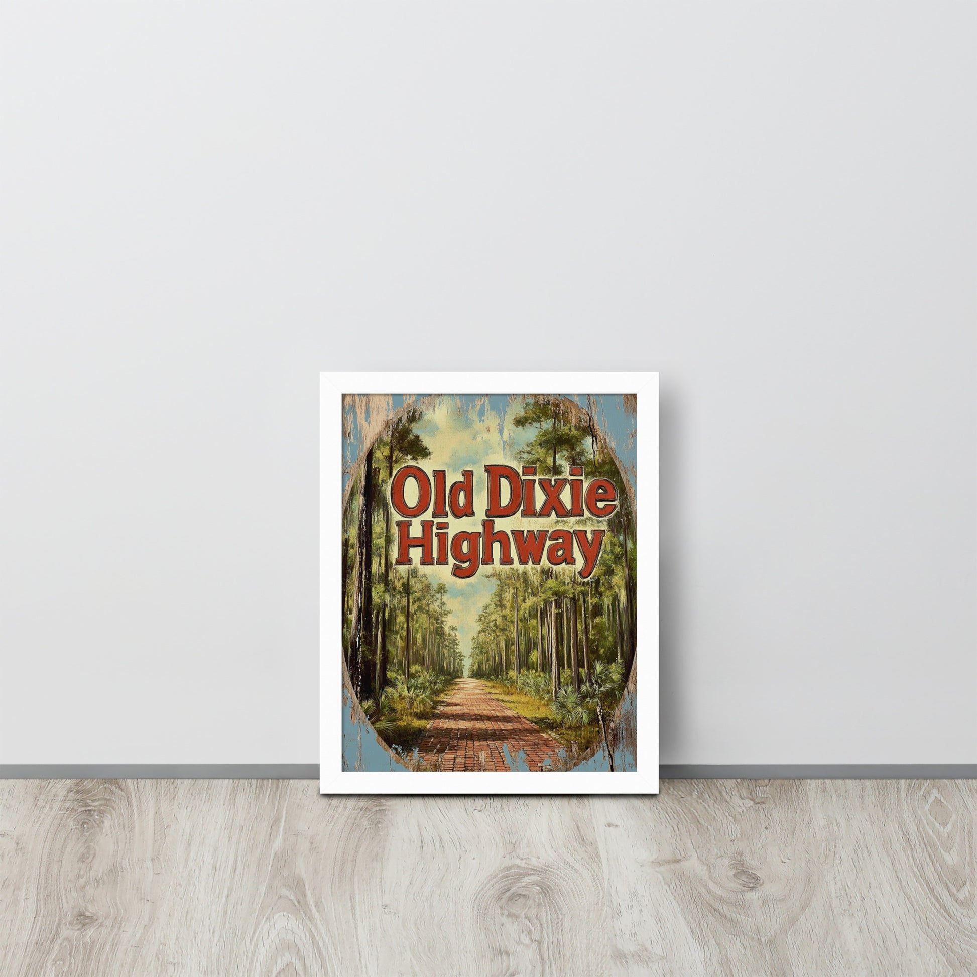Framed artwork with 'Old Dixie Highway' text on a forest background